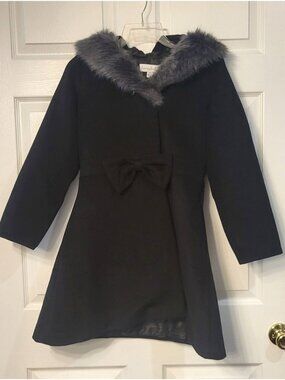 Girls Chasing Fireflies Faux Fur Hooded Long Winter Dressy Coat SZ 14 Bow Button